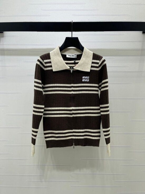 Miu Miu Sweaters - Miu Miu Brown Off‑White Stripe Zip‑Up Collared Knit Sweater